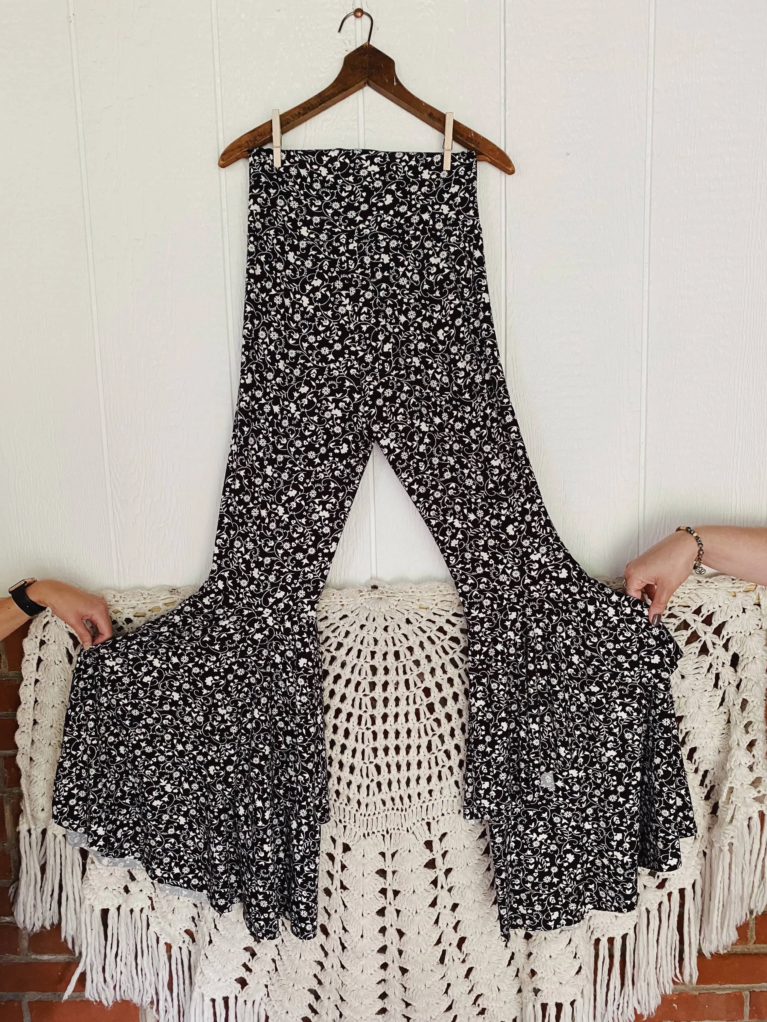 Buttery Knit Ruffle Bells in Black and White Floral