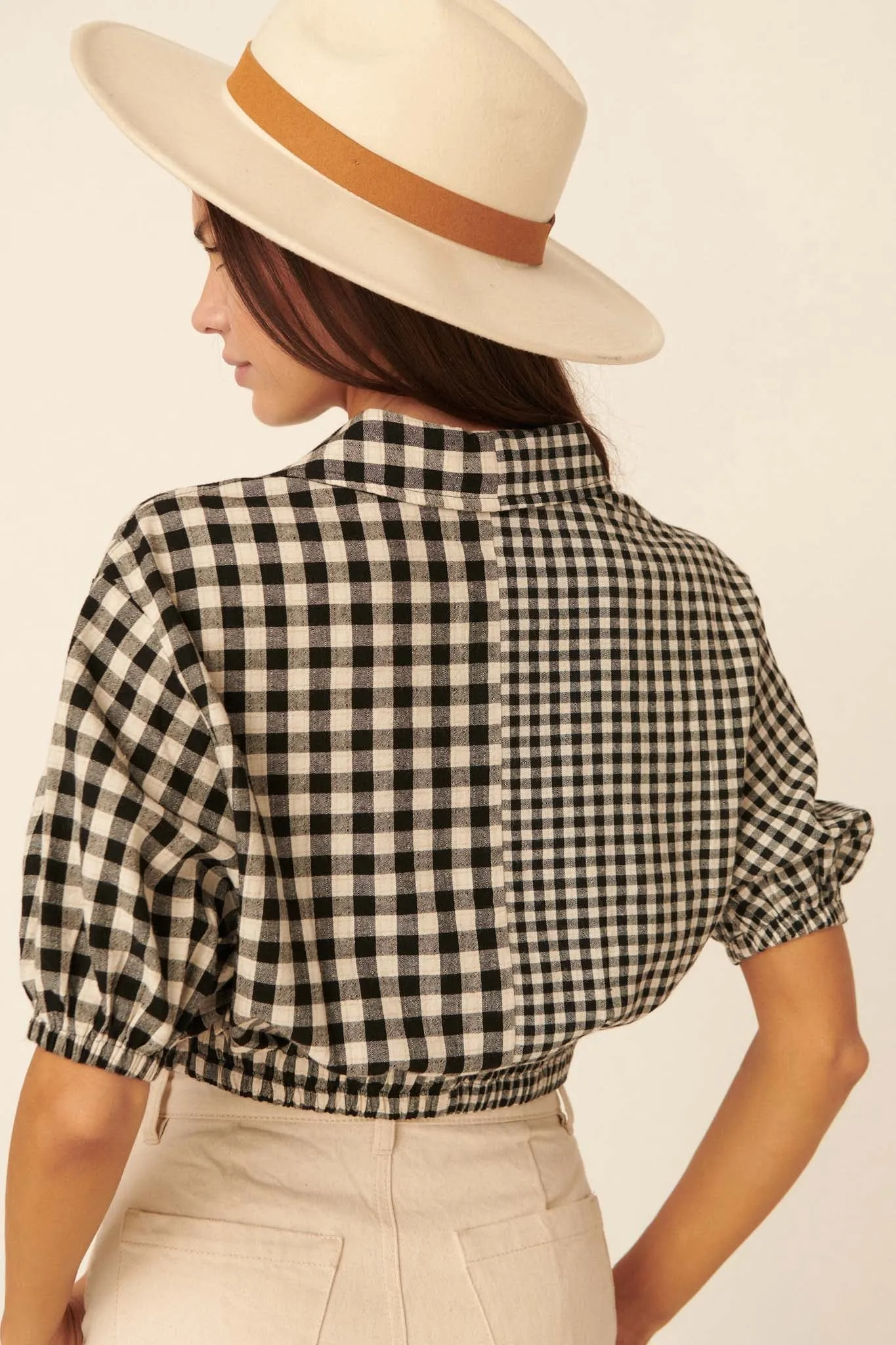 Carefree Heart Cropped Button-Up Gingham Shirt