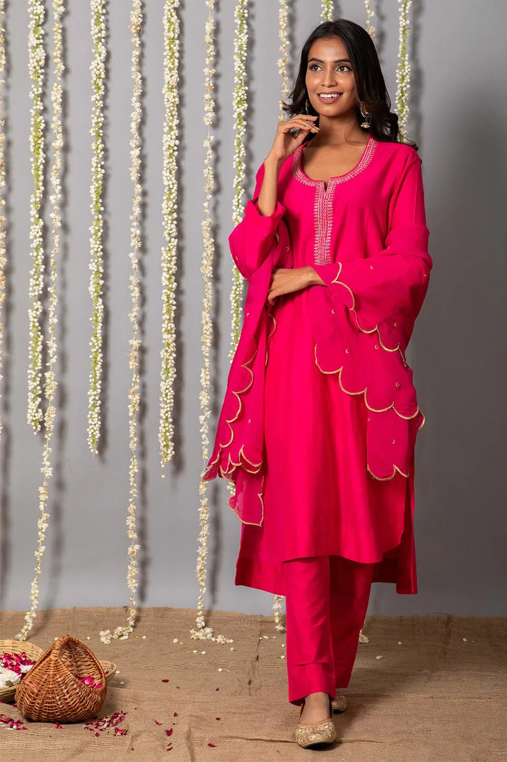 Chand Gulabi Cotton silk Kurta with Organza silk Dupatta - Set of 3