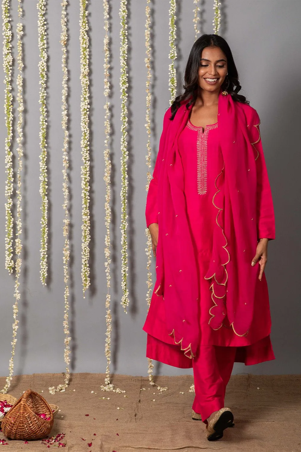 Chand Gulabi Cotton silk Kurta with Organza silk Dupatta - Set of 3