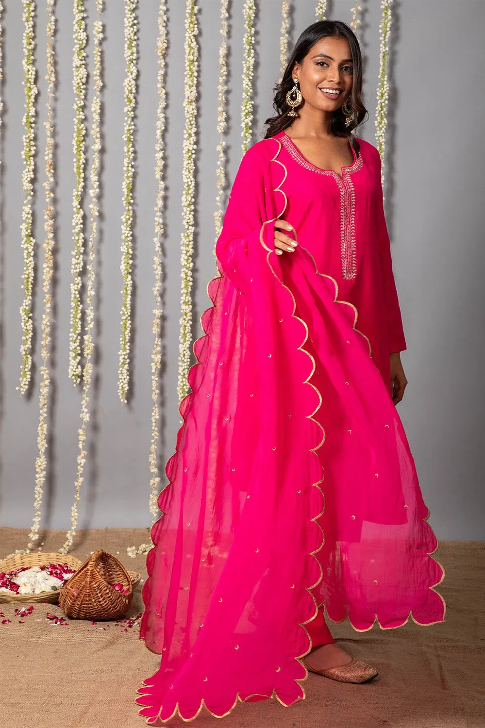 Chand Gulabi Cotton silk Kurta with Organza silk Dupatta - Set of 3