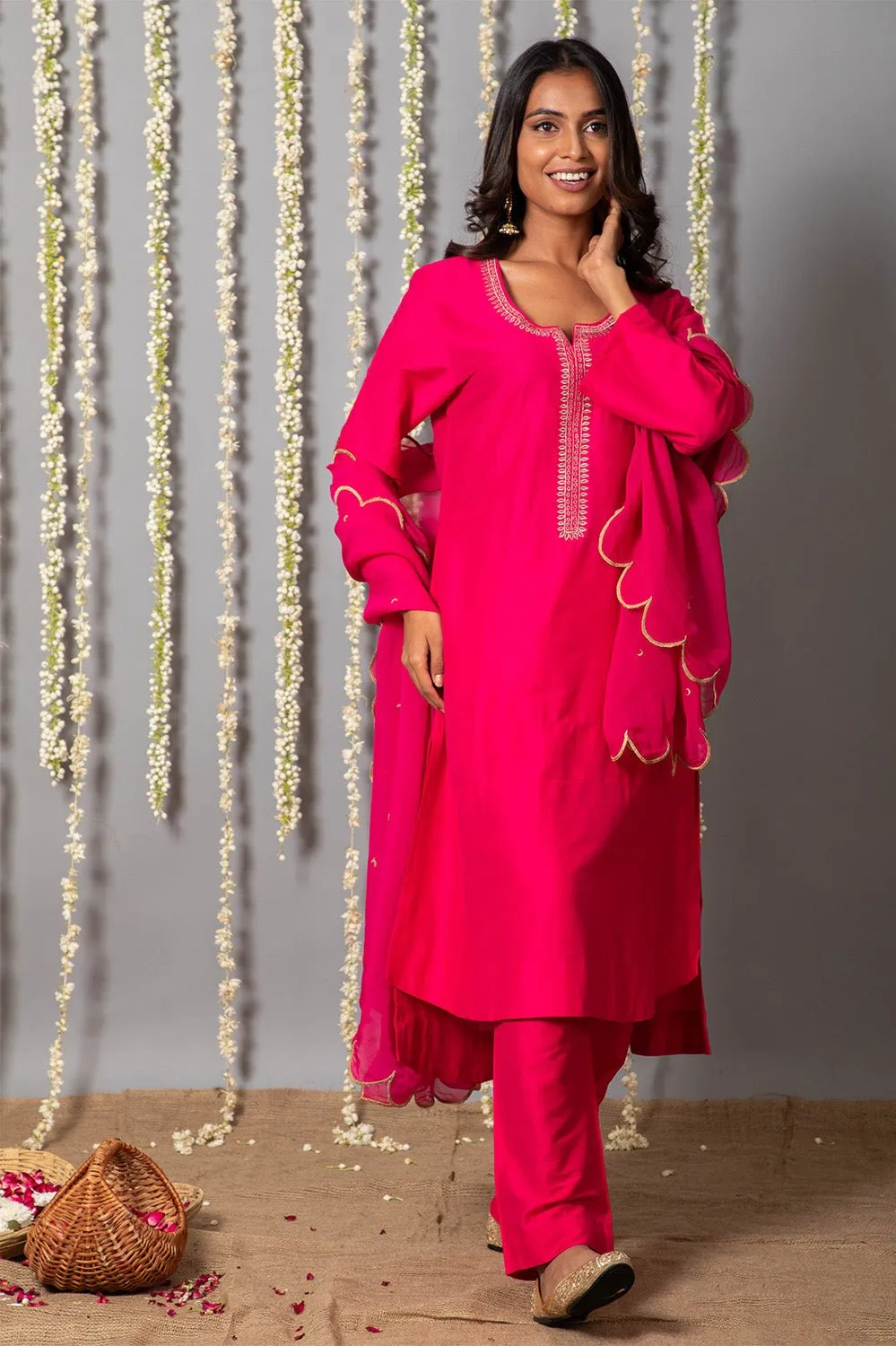 Chand Gulabi Cotton silk Kurta with Organza silk Dupatta - Set of 3