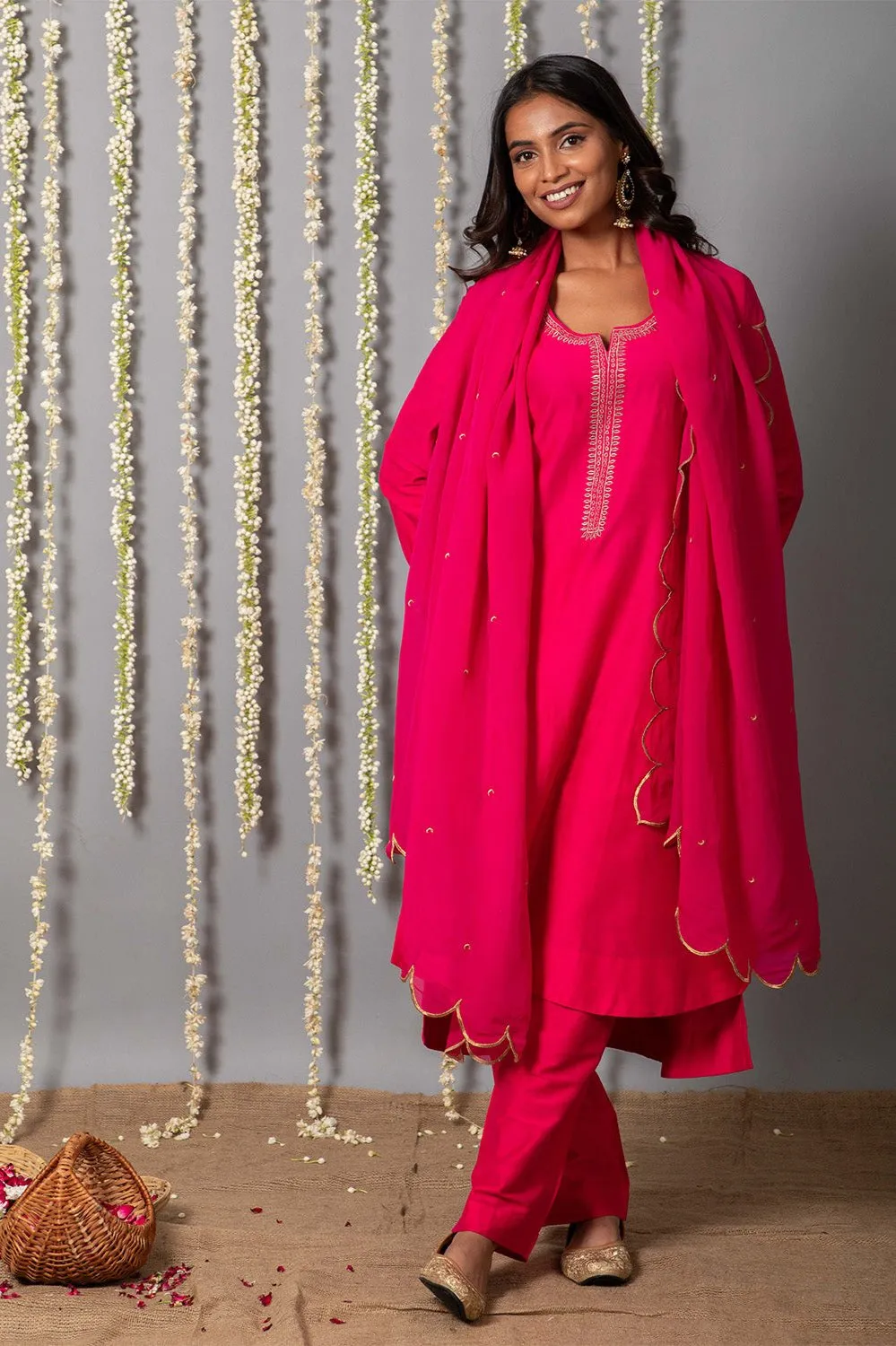 Chand Gulabi Cotton silk Kurta with Organza silk Dupatta - Set of 3