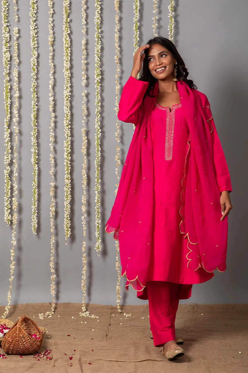 Chand Gulabi Cotton silk Kurta with Organza silk Dupatta - Set of 3