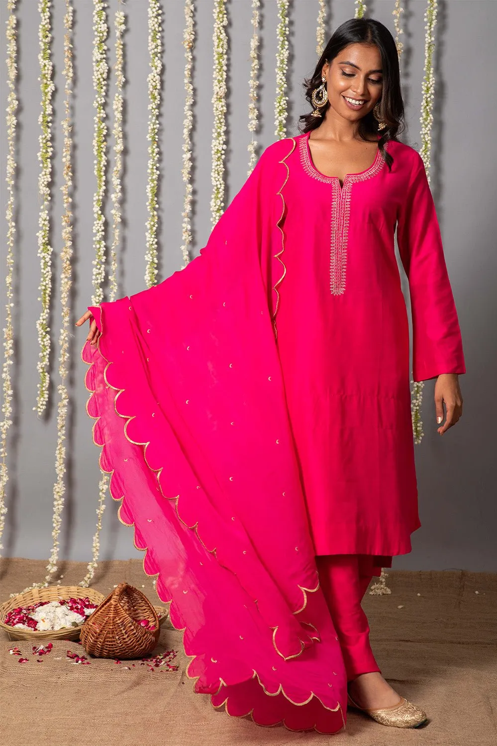 Chand Gulabi Cotton silk Kurta with Organza silk Dupatta - Set of 3