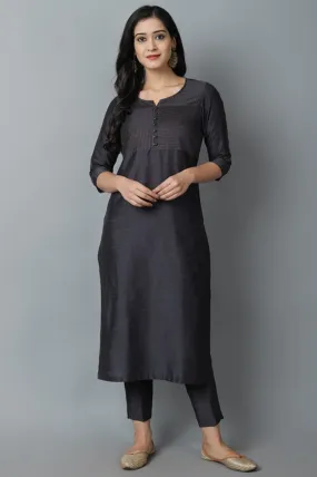 Charcoal Silk Sonapani Kurta Pants Set