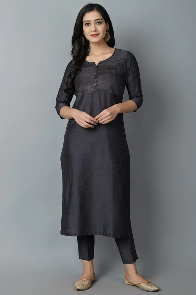 Charcoal Silk Sonapani Kurta Pants Set
