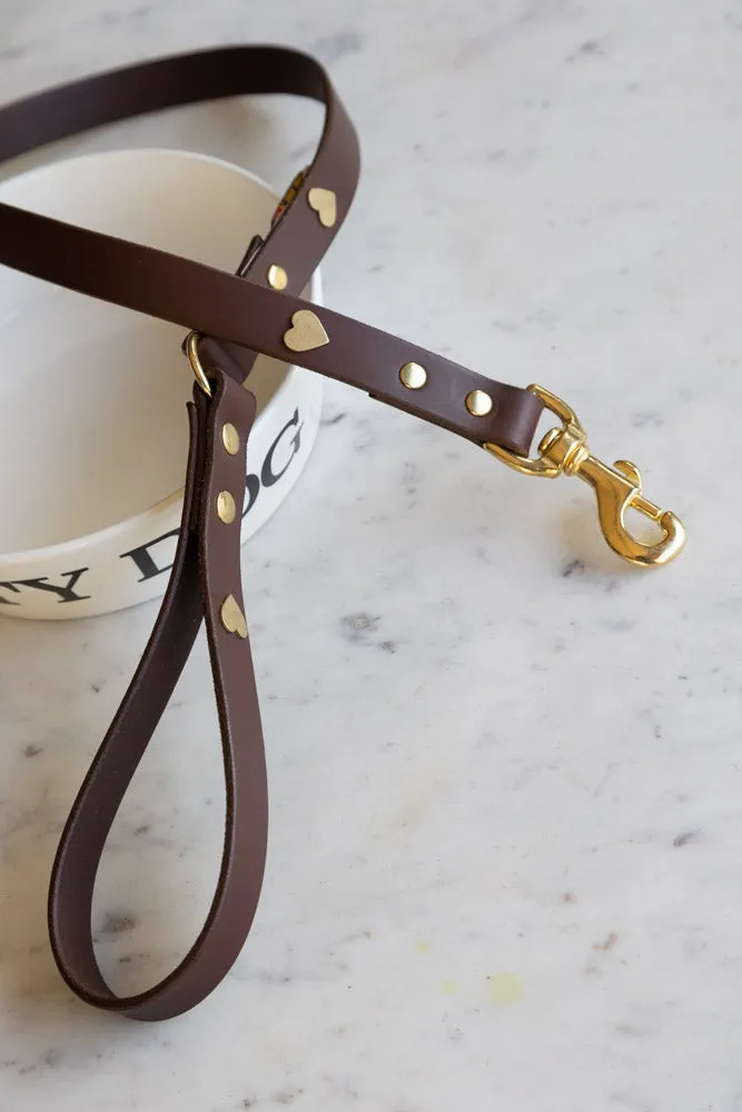 Dark Brown Leather Dog Lead With Hearts