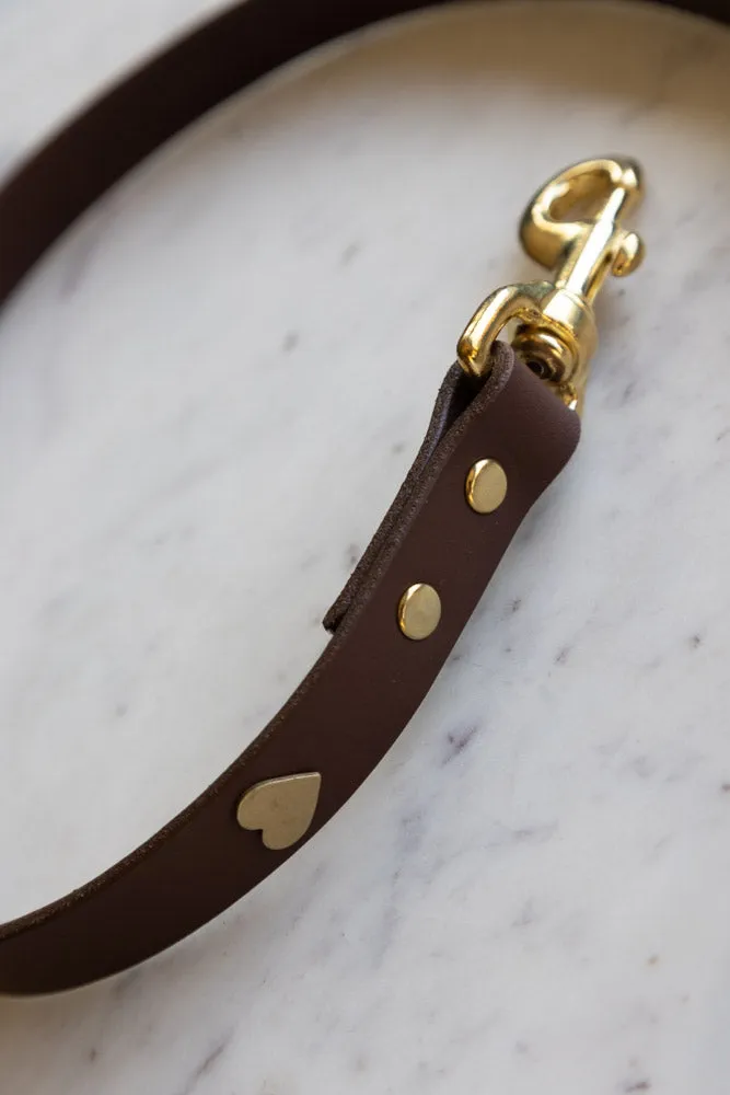 Dark Brown Leather Dog Lead With Hearts