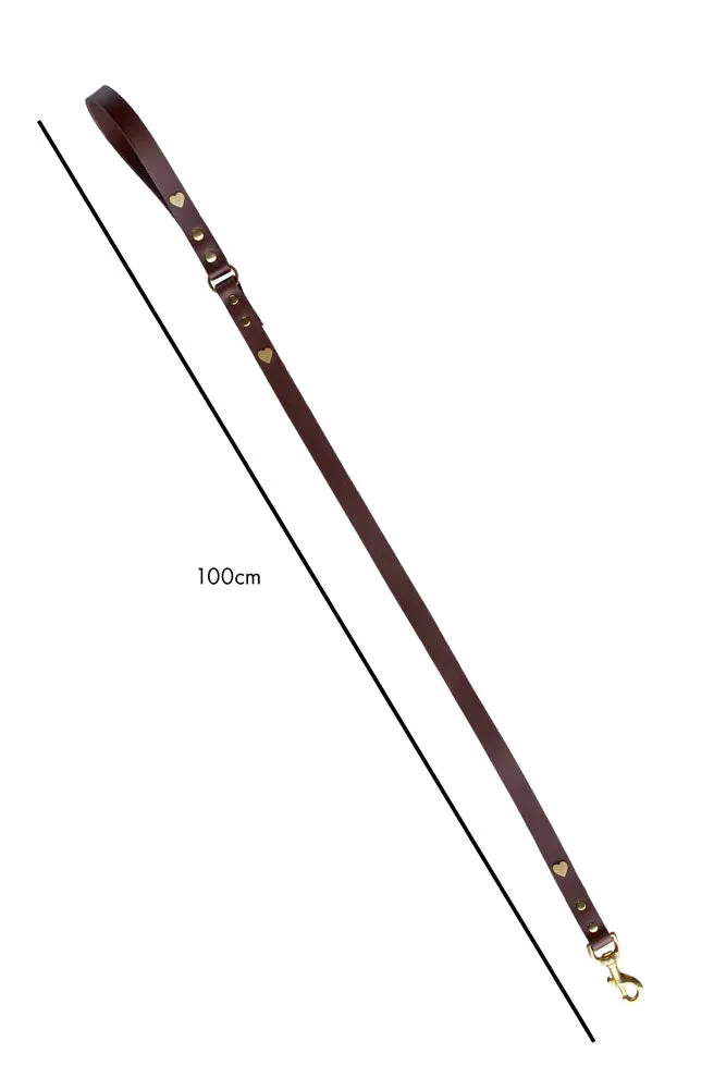 Dark Brown Leather Dog Lead With Hearts