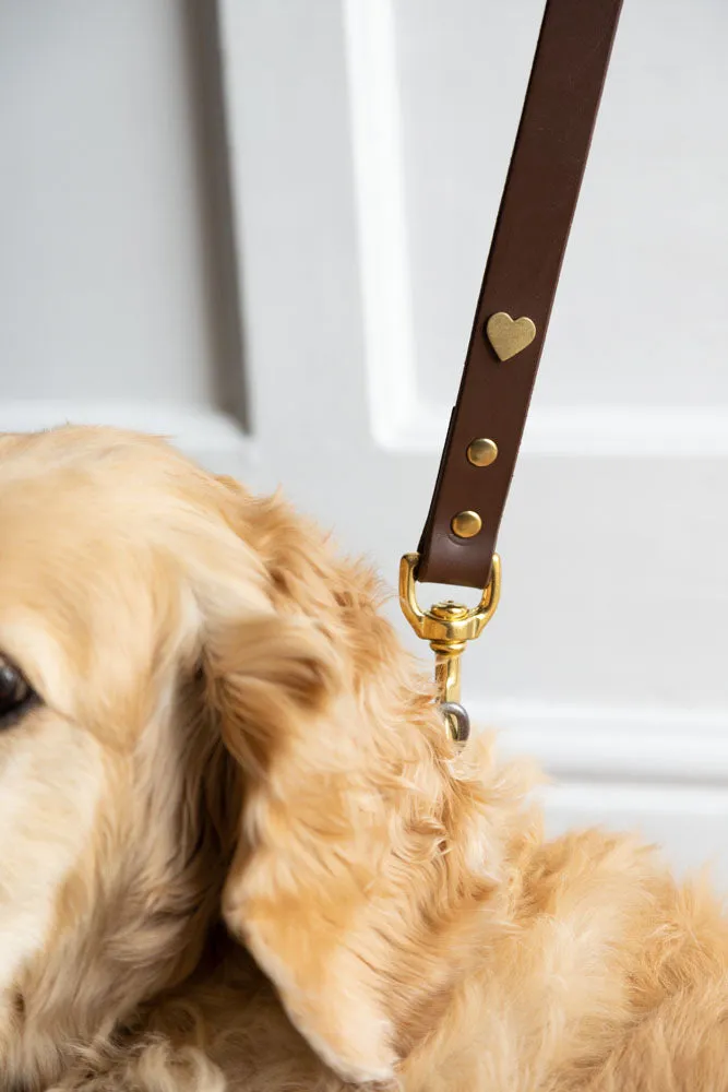 Dark Brown Leather Dog Lead With Hearts