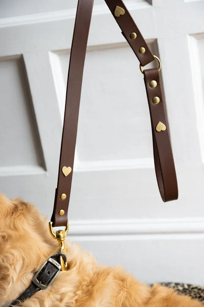 Dark Brown Leather Dog Lead With Hearts