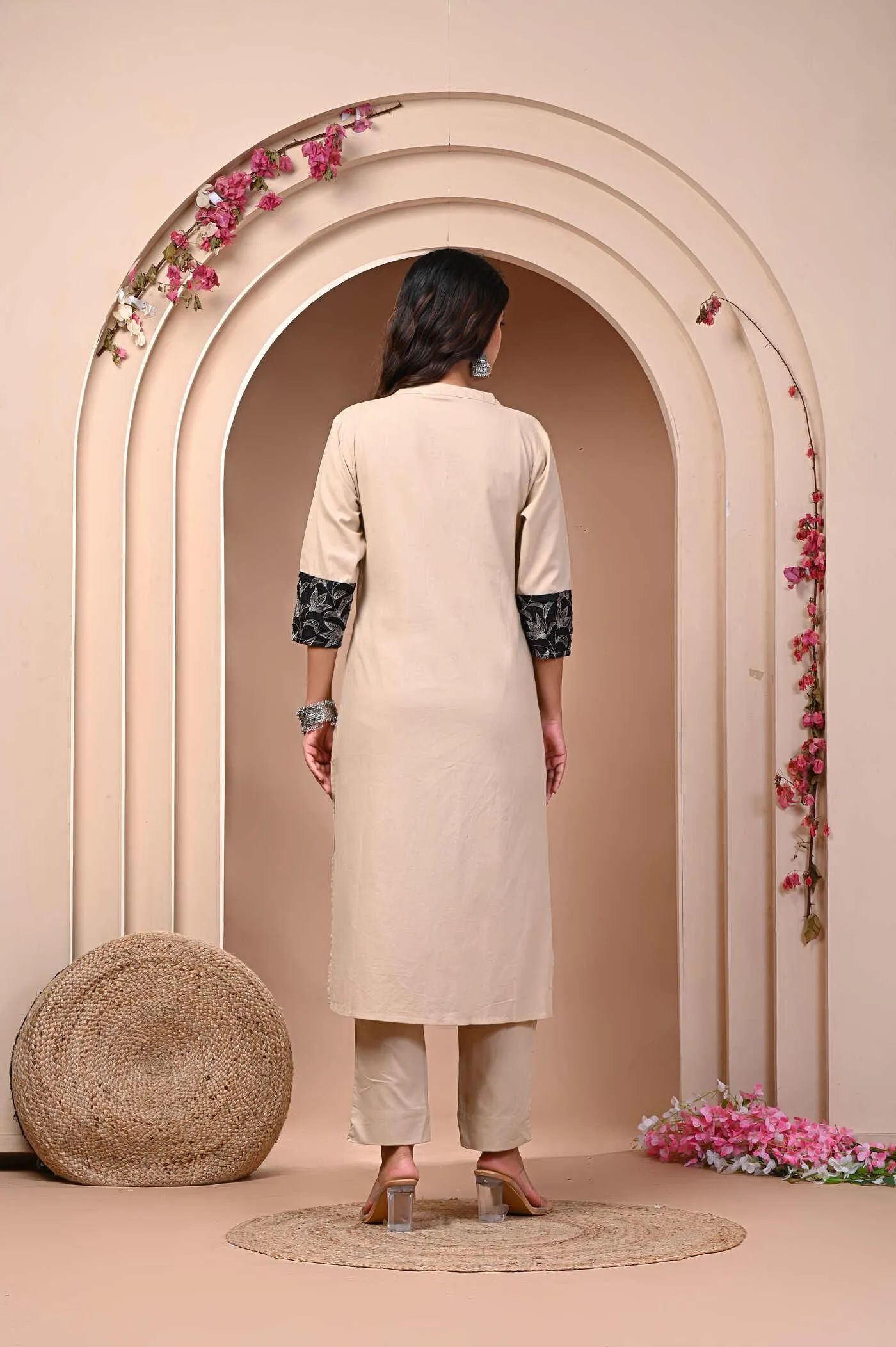 Elegant Beige and Black Printed Kurti with Pant