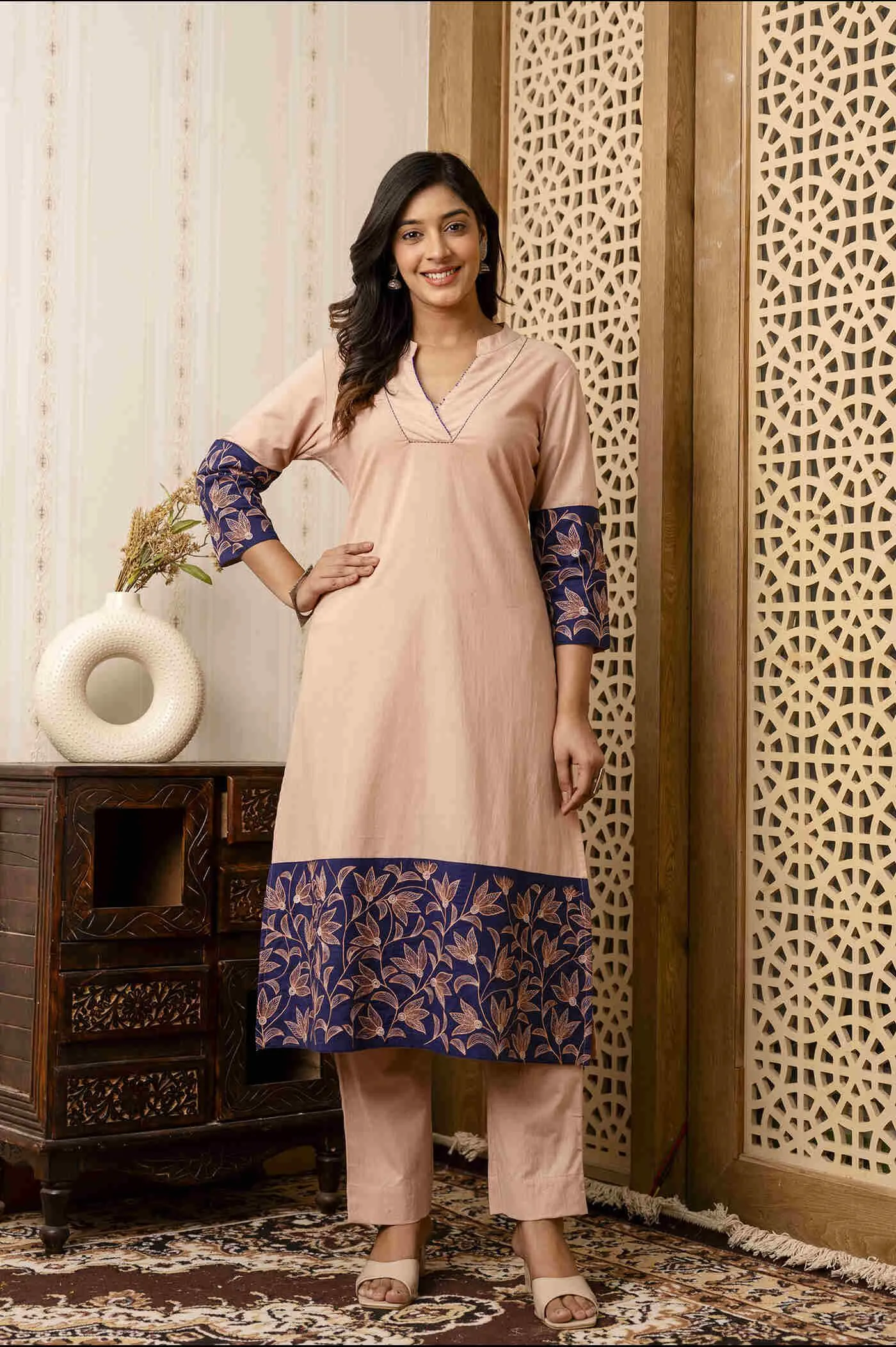 Elegant Beige and Black Printed Kurti with Pant