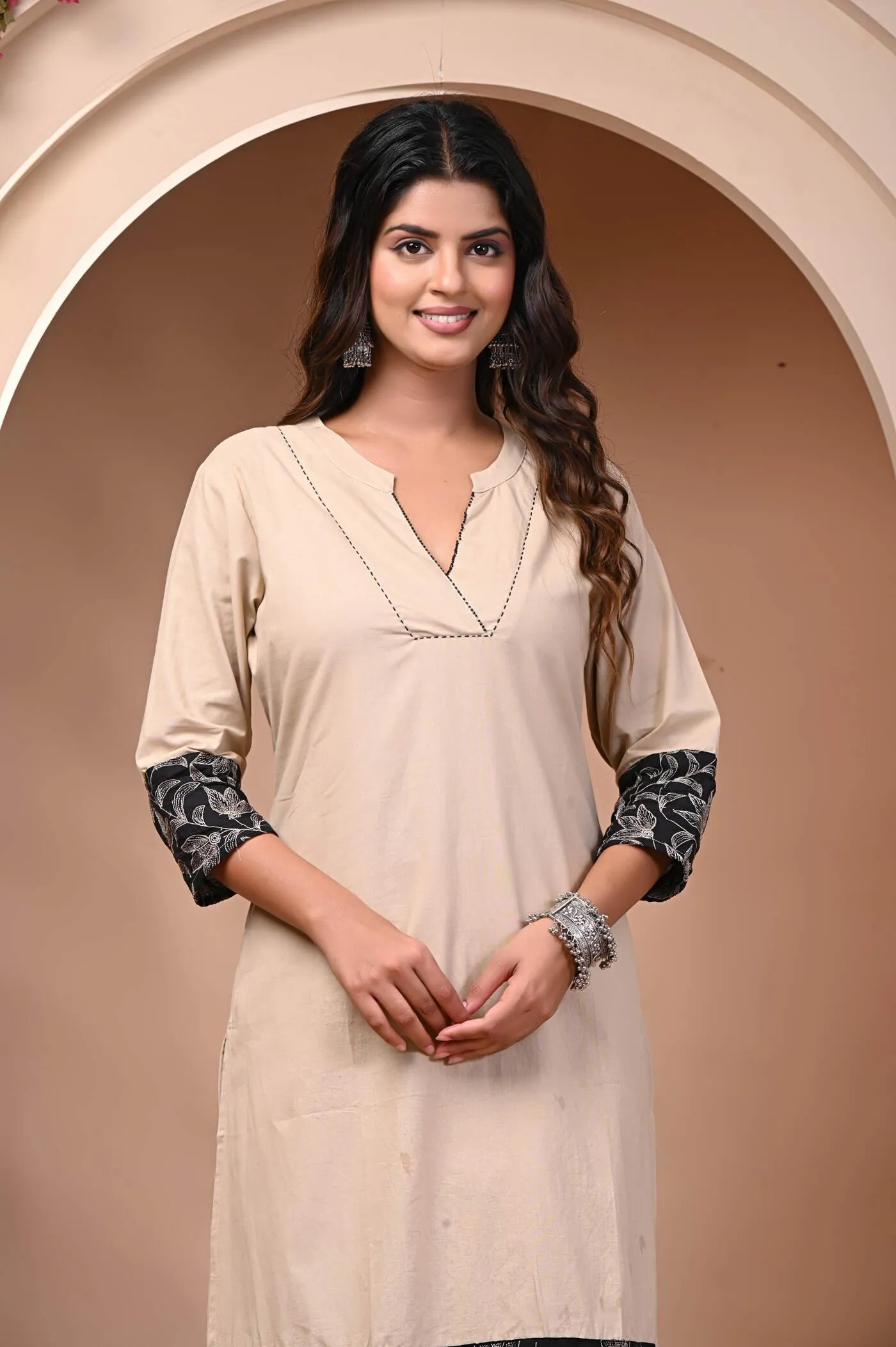 Elegant Beige and Black Printed Kurti with Pant