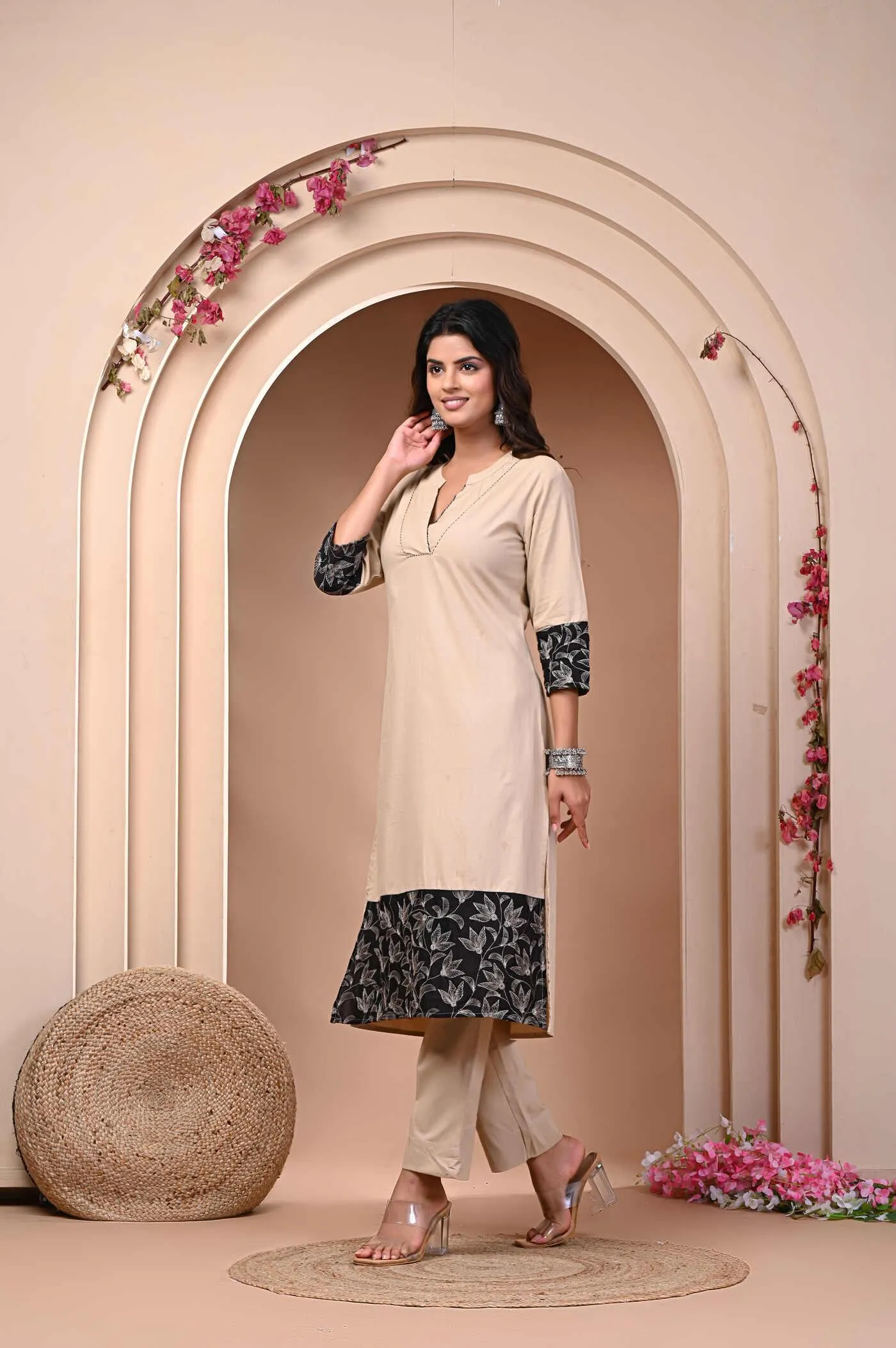 Elegant Beige and Black Printed Kurti with Pant