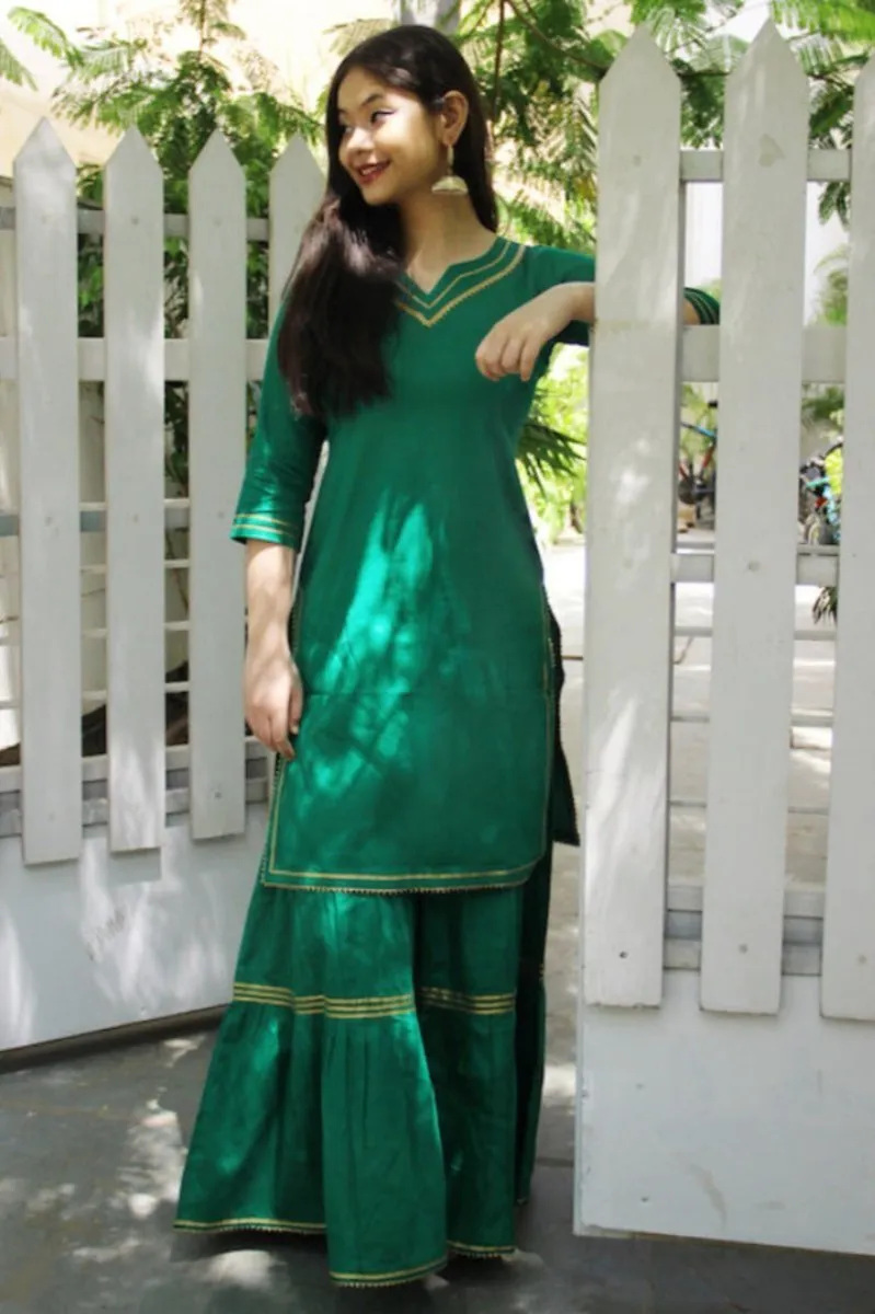 Emerald Green Maharani Kurti Gharara - Set of 2