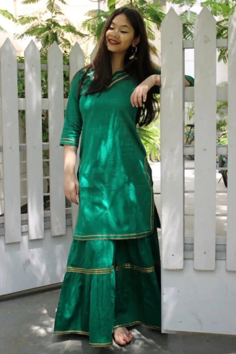 Emerald Green Maharani Kurti Gharara - Set of 2