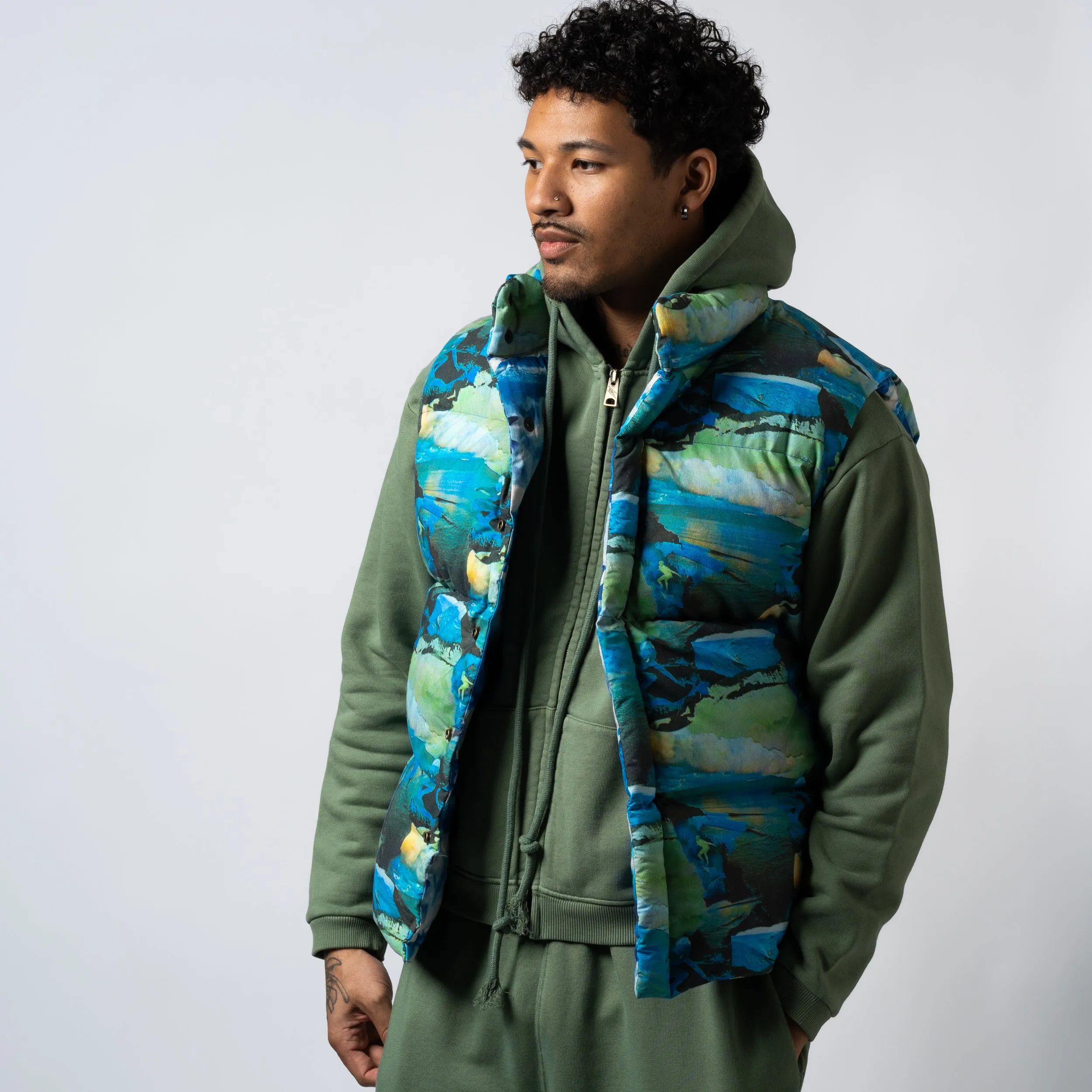 ERL Printed Quilted Puffer Vest ERL06J006 Green Sunset