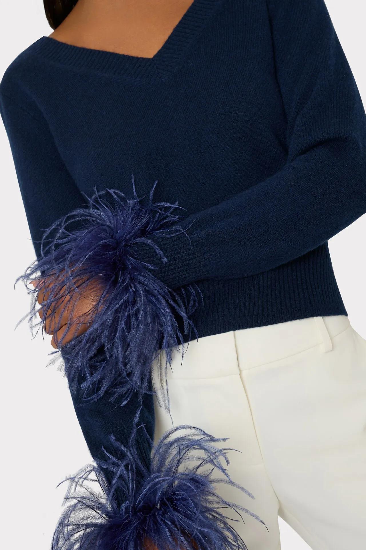 Feather Cuff V-Neck Sweater