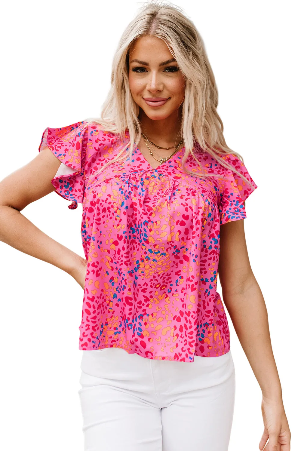 Fiery Red Leopard Print V Neck Flutter Sleeve Blouse