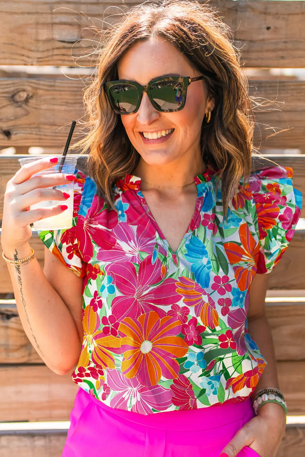 Floral Flutter Sleeve Notched V Neck Blouse