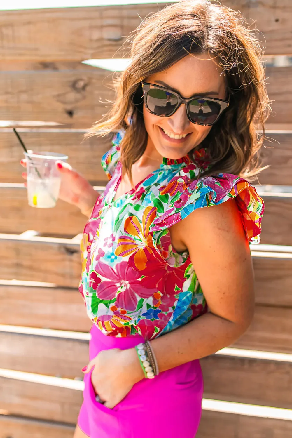 Floral Flutter Sleeve Notched V Neck Blouse