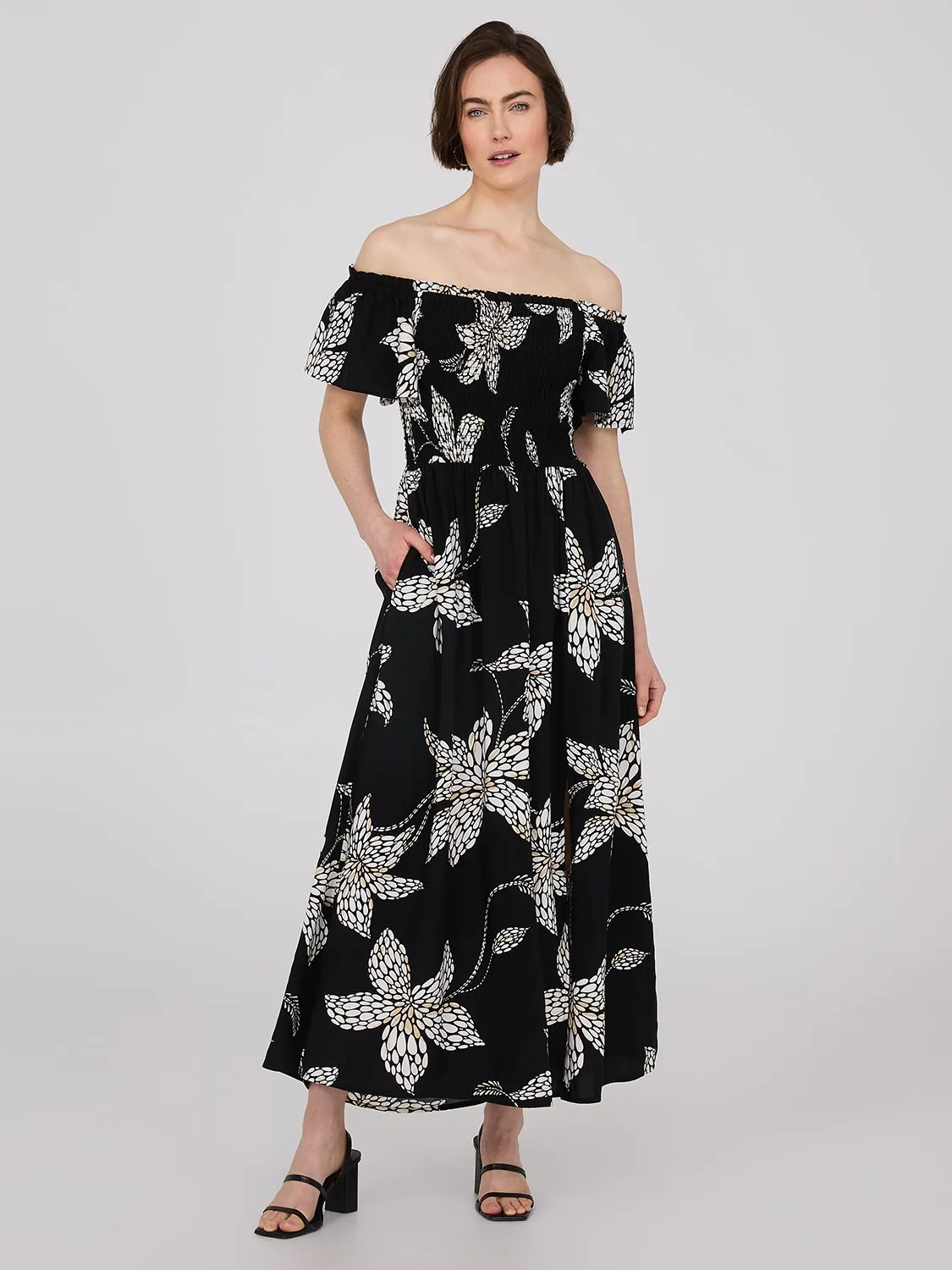 Floral Print Flutter Sleeve Maxi Dress