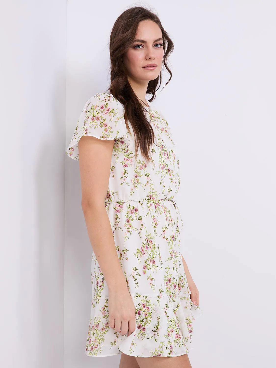 Floral Print Ruffle Skirt Chiffon Dress