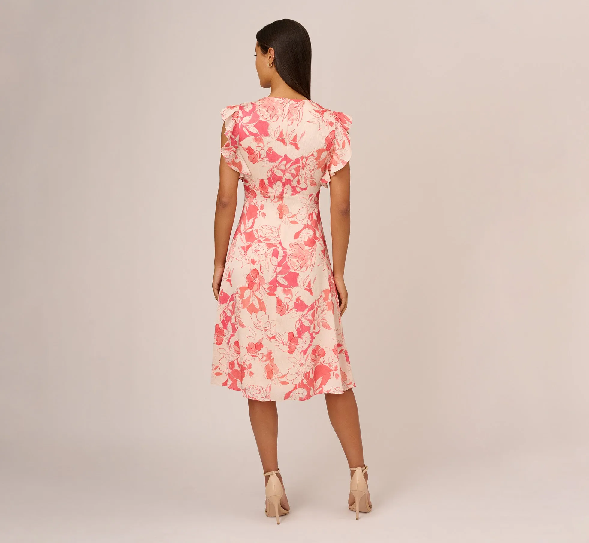 Floral Printed Midi Dress With Flutter Sleeves In Coral Ecru