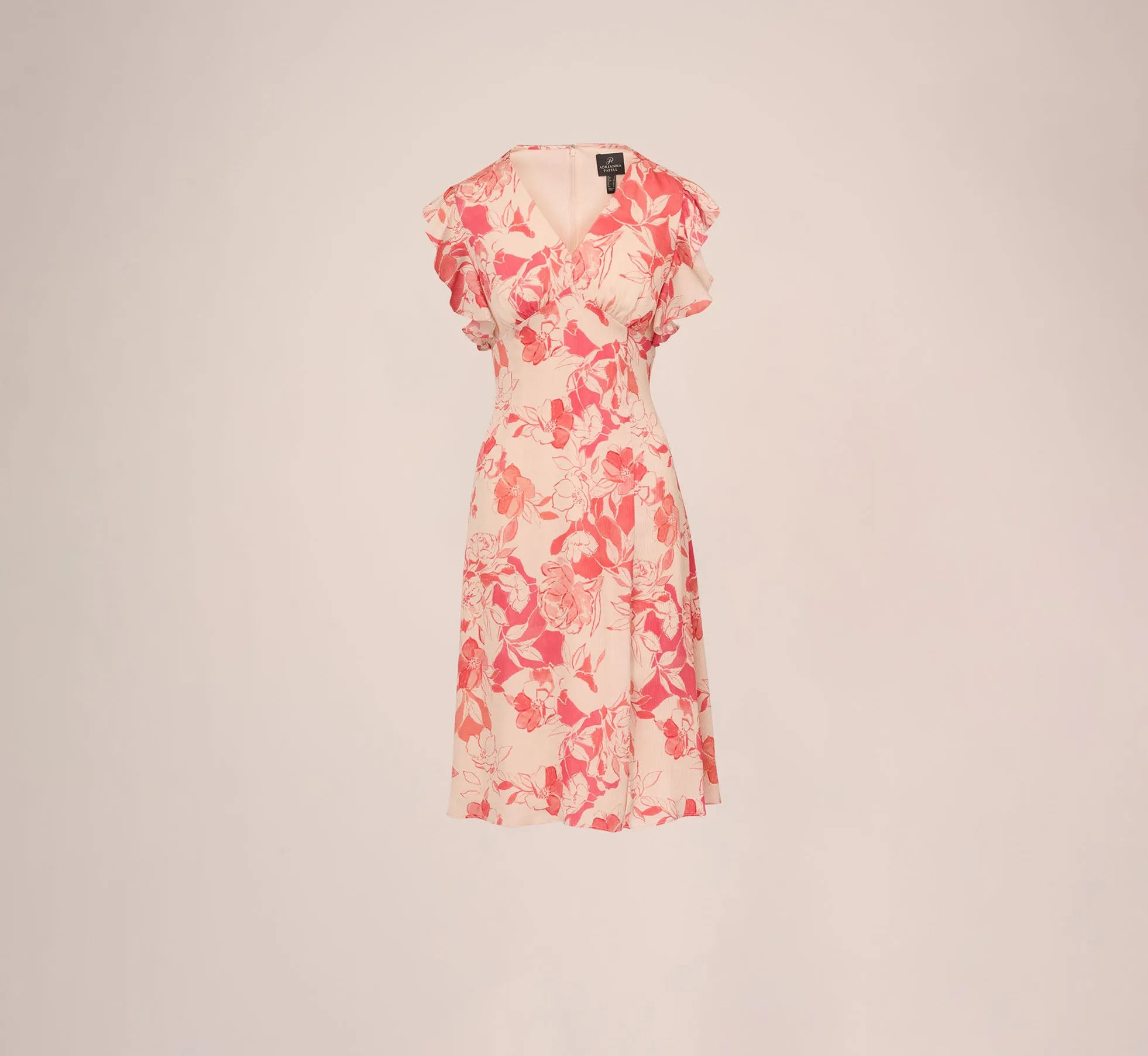 Floral Printed Midi Dress With Flutter Sleeves In Coral Ecru