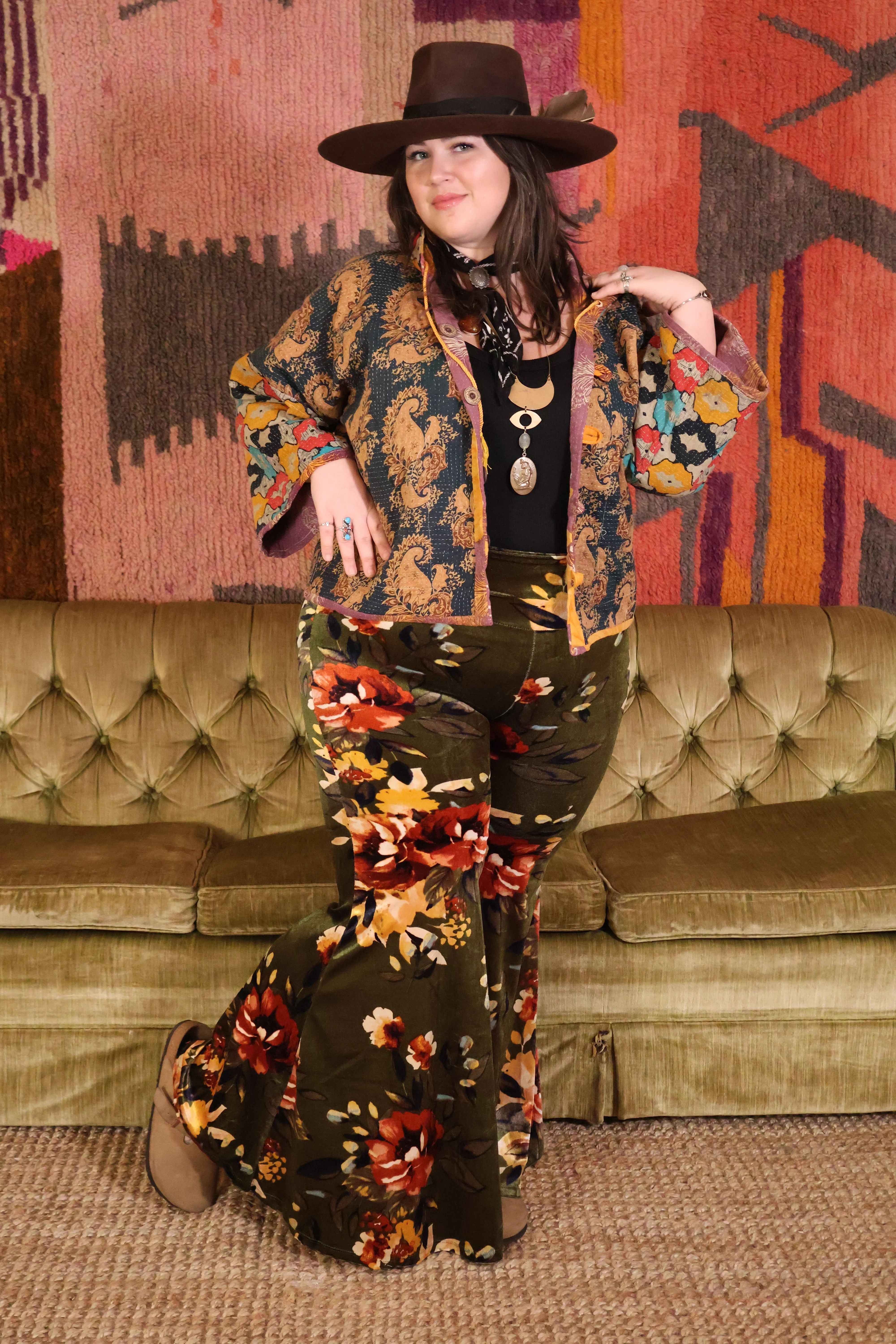 Floral Velvet Extreme Bells - Olive/Mustard
