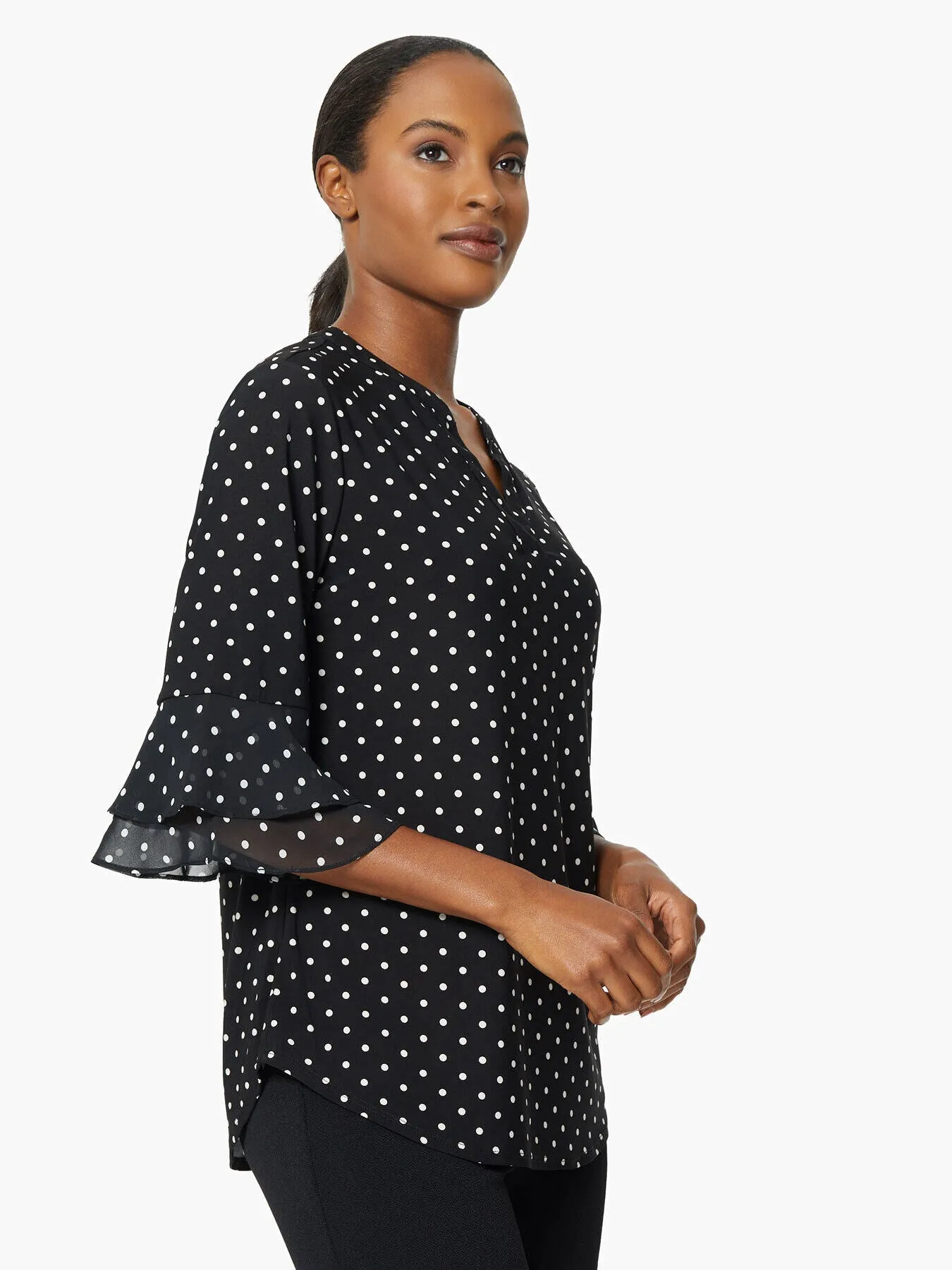 Flutter Sleeve Split Neck Knit Tunic