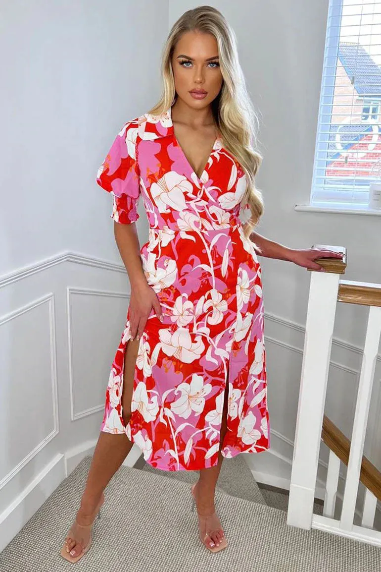 Girl In Mind Kamila Collared Midi Dress With Pockets Orange/Pink Floral