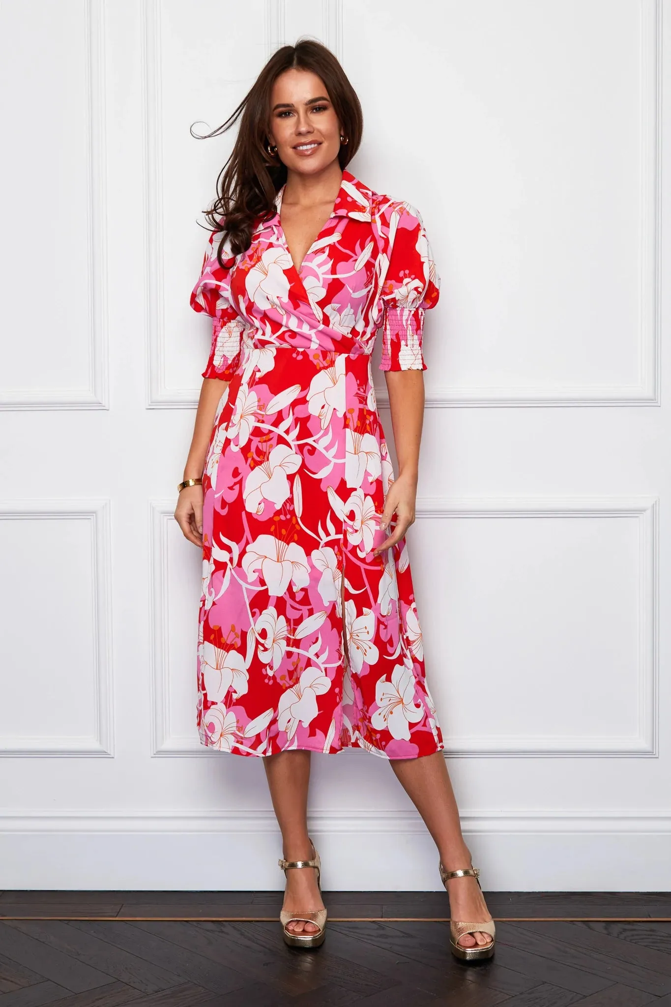 Girl In Mind Kamila Collared Midi Dress With Pockets Orange/Pink Floral