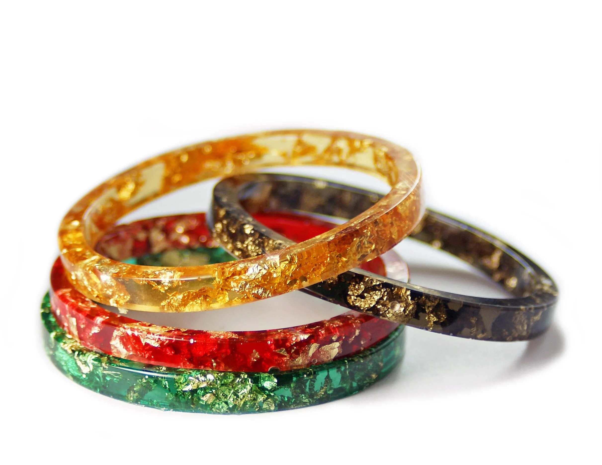 Gold Flake Stacking Resin Bracelet -- Black