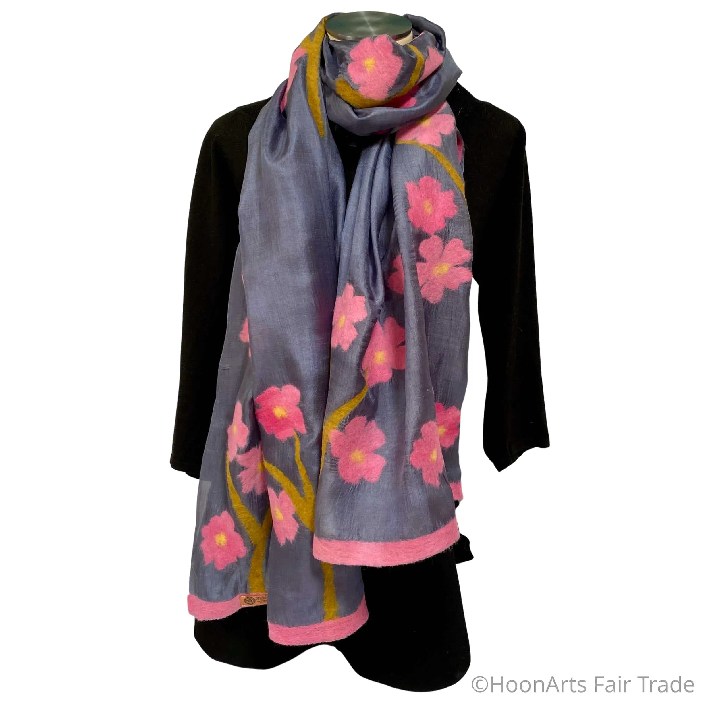 Handmade Kyrgyz Felted Silk Scarf/Shawl, Pink Sakura on Grey