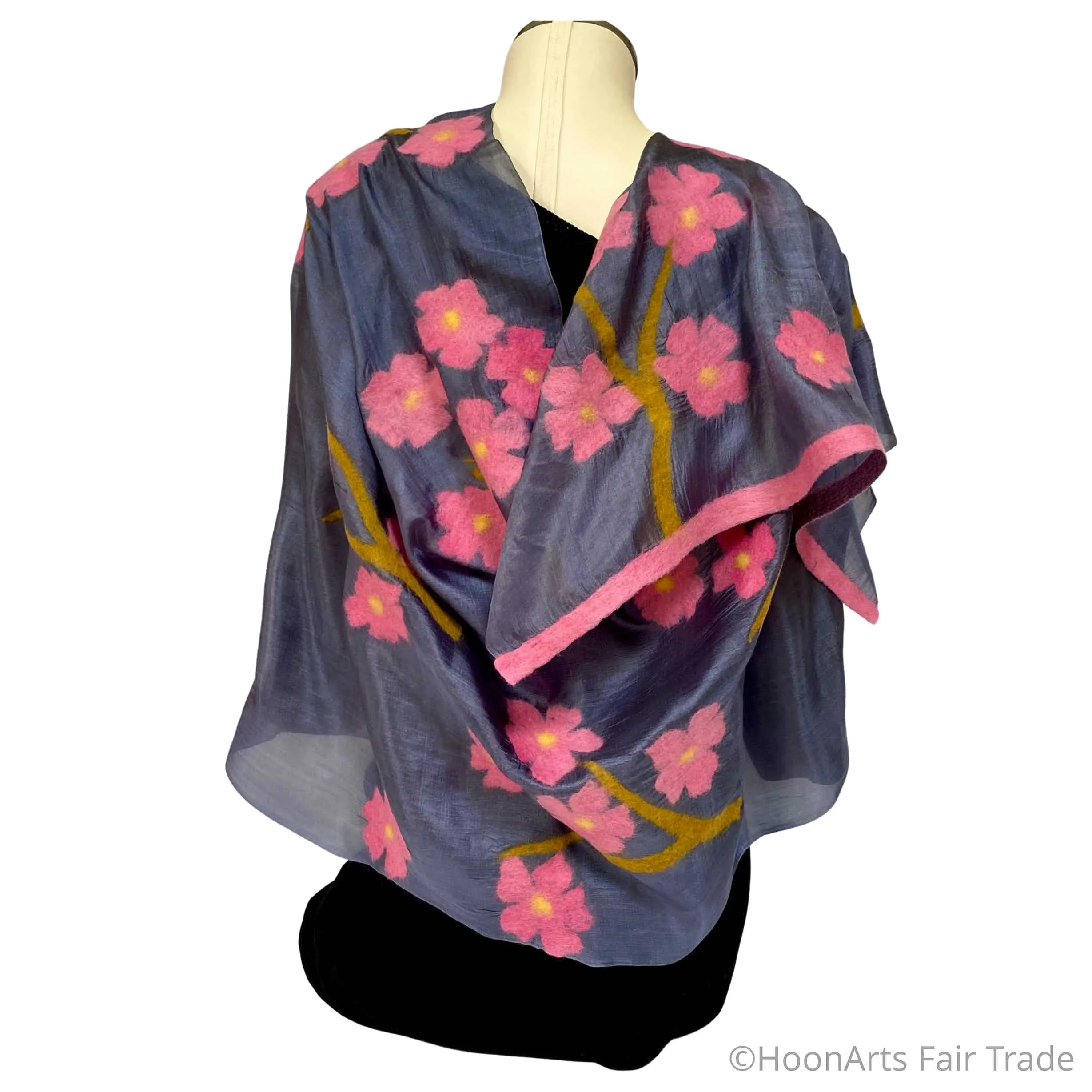 Handmade Kyrgyz Felted Silk Scarf/Shawl, Pink Sakura on Grey