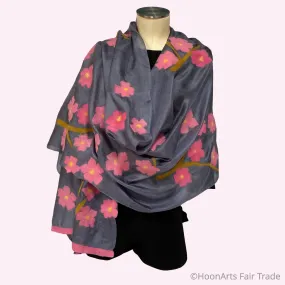 Handmade Kyrgyz Felted Silk Scarf/Shawl, Pink Sakura on Grey