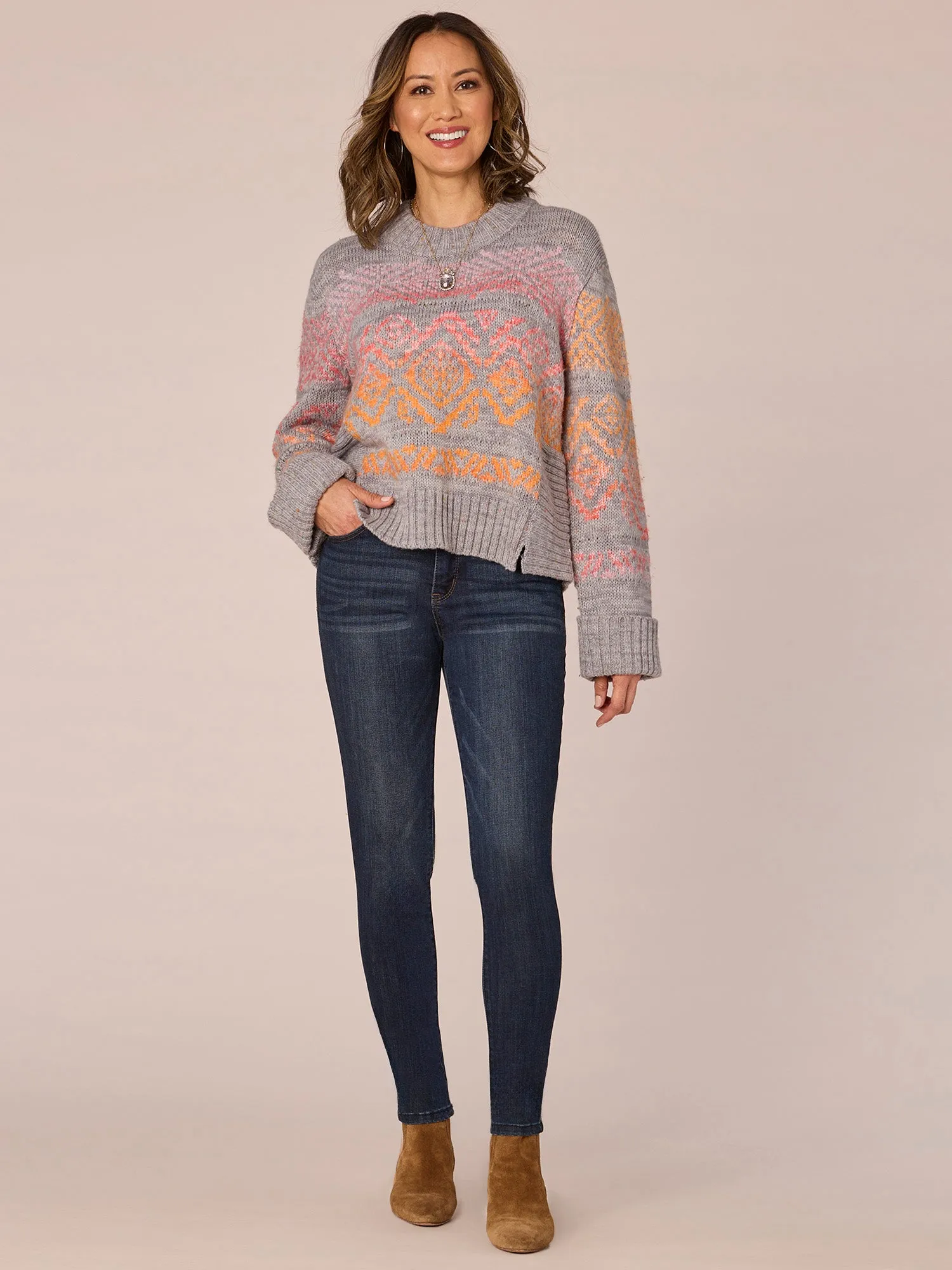 Long Cuffed Sleeve Double Banded Round Neck Ombre Jacquard Sweater