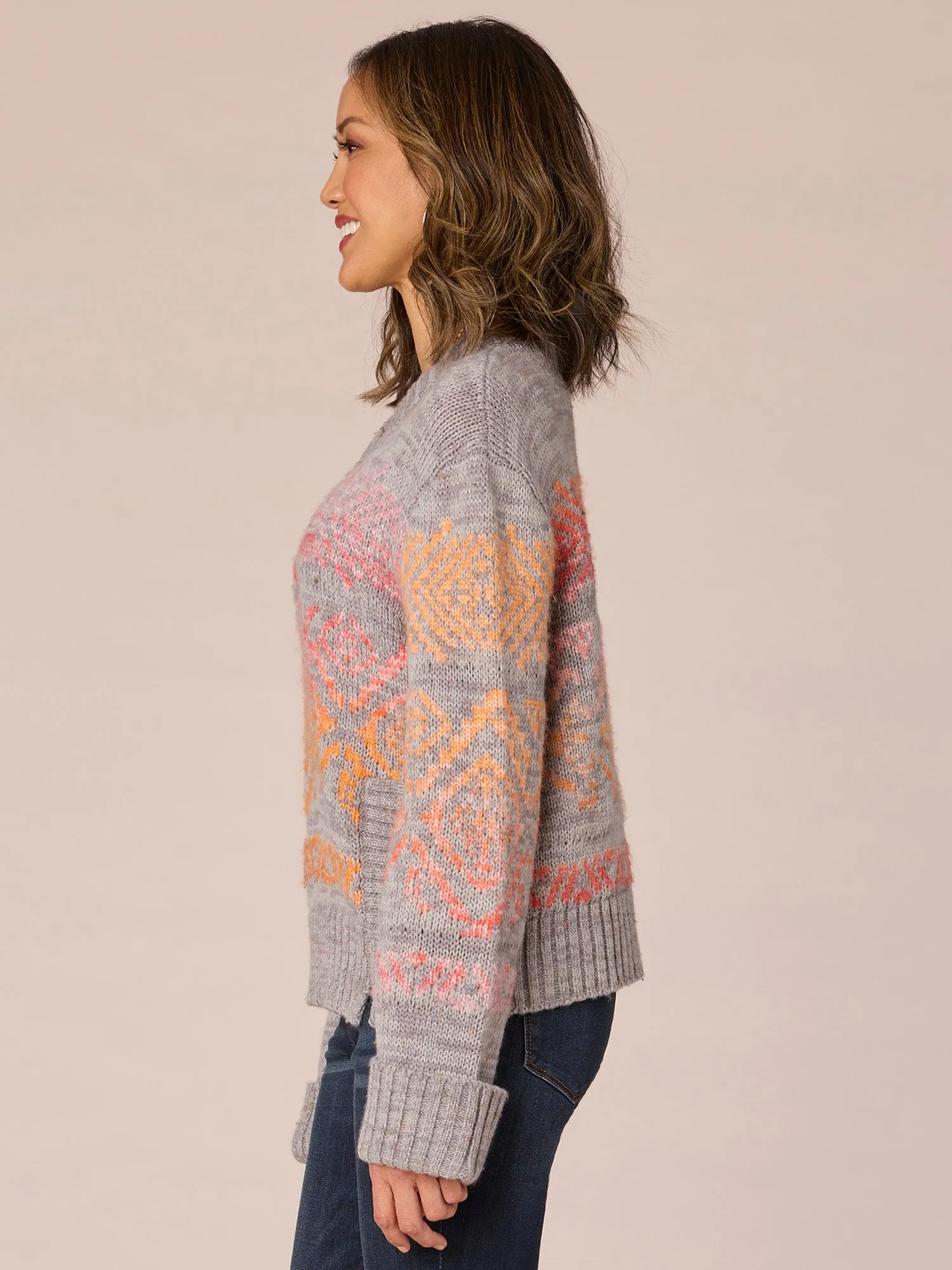 Long Cuffed Sleeve Double Banded Round Neck Ombre Jacquard Sweater