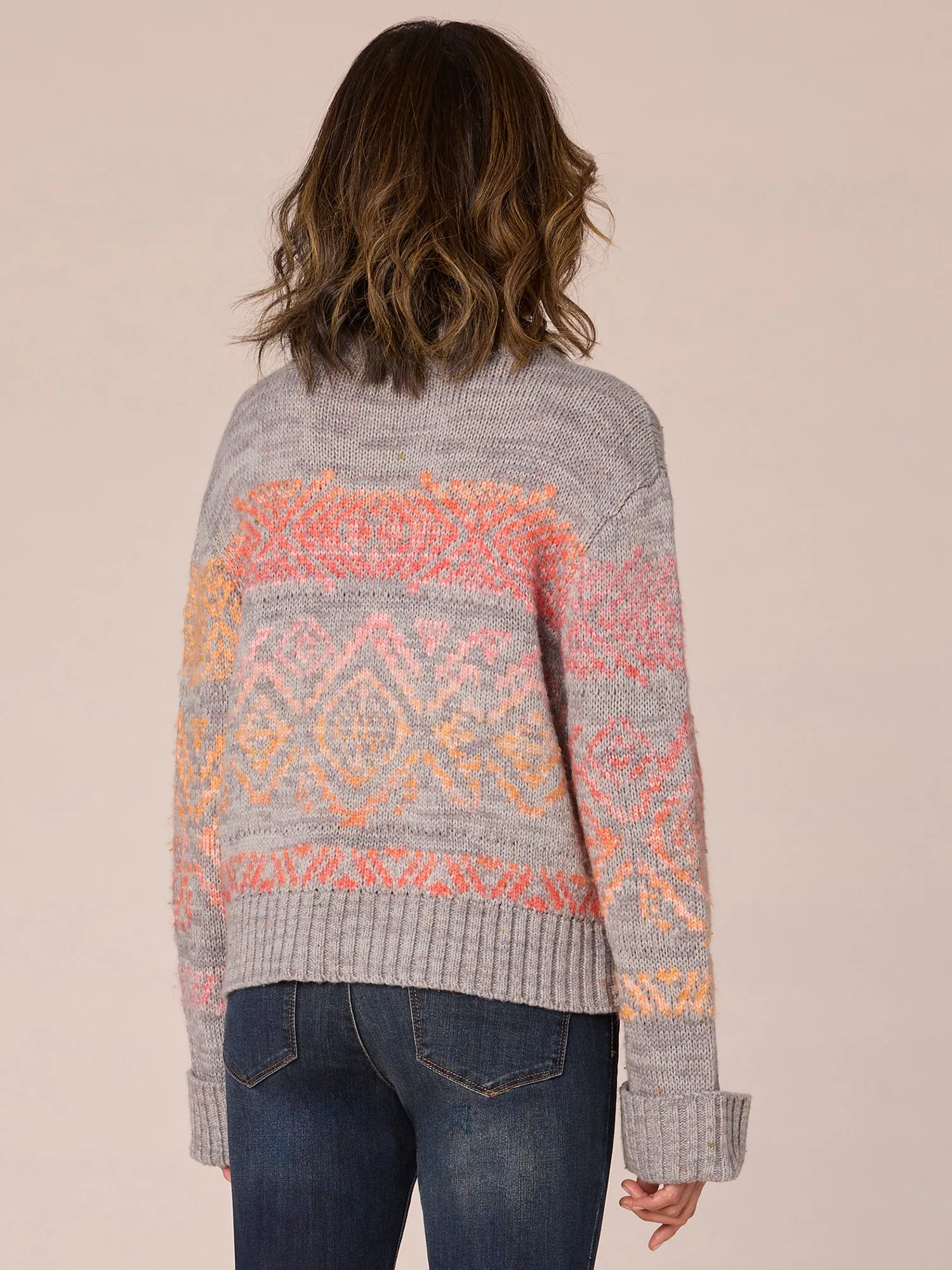 Long Cuffed Sleeve Double Banded Round Neck Ombre Jacquard Sweater