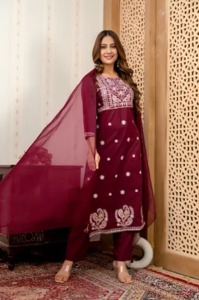 Maroon Staight Embroidered Kurta Set with Dupatta