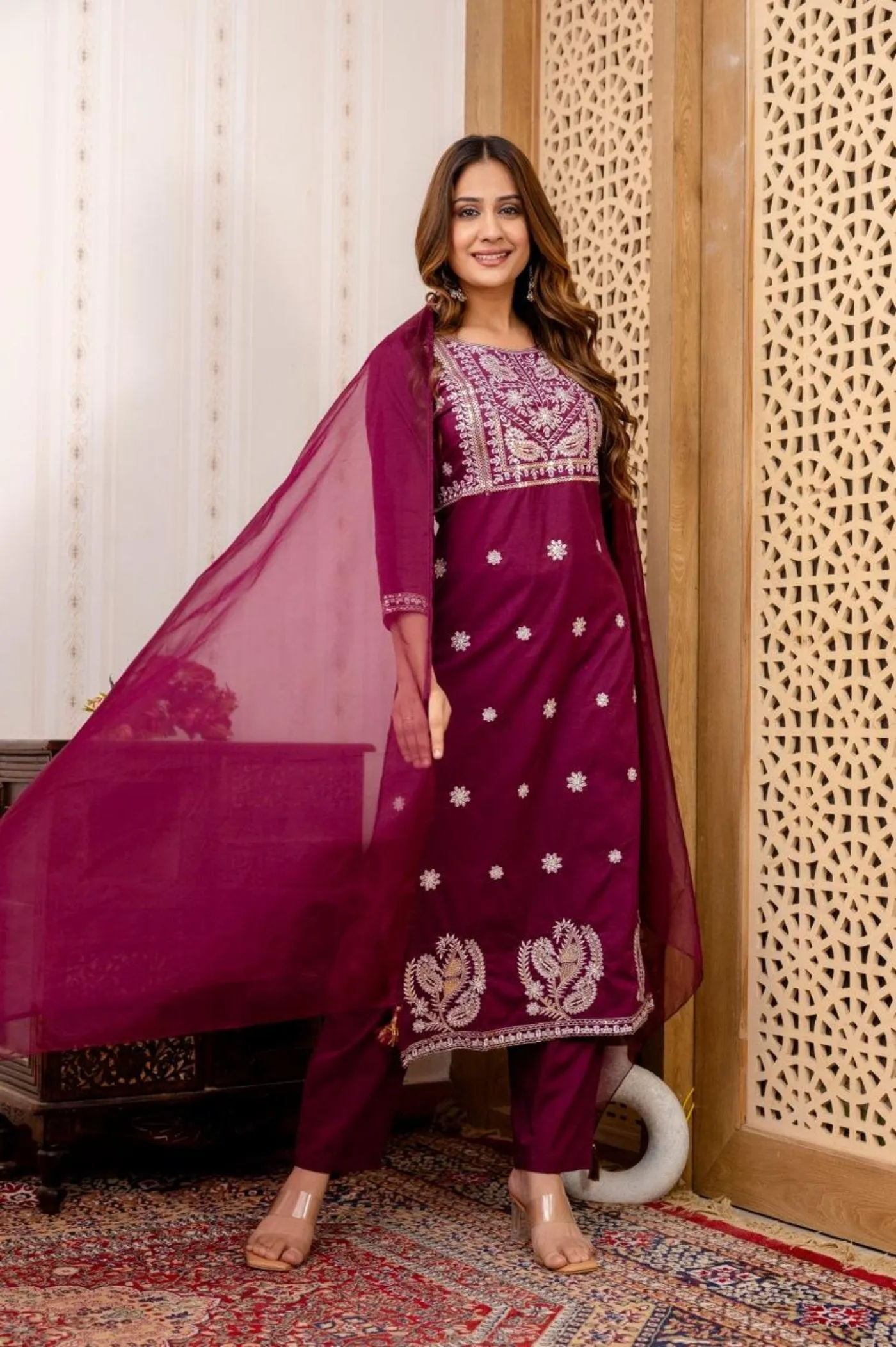 Maroon Staight Embroidered Kurta Set with Dupatta