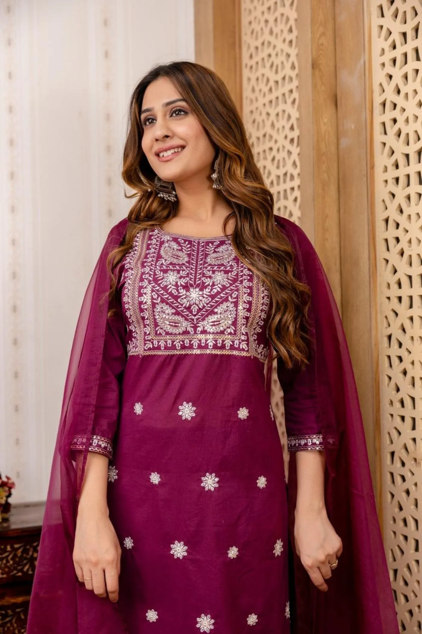 Maroon Staight Embroidered Kurta Set with Dupatta