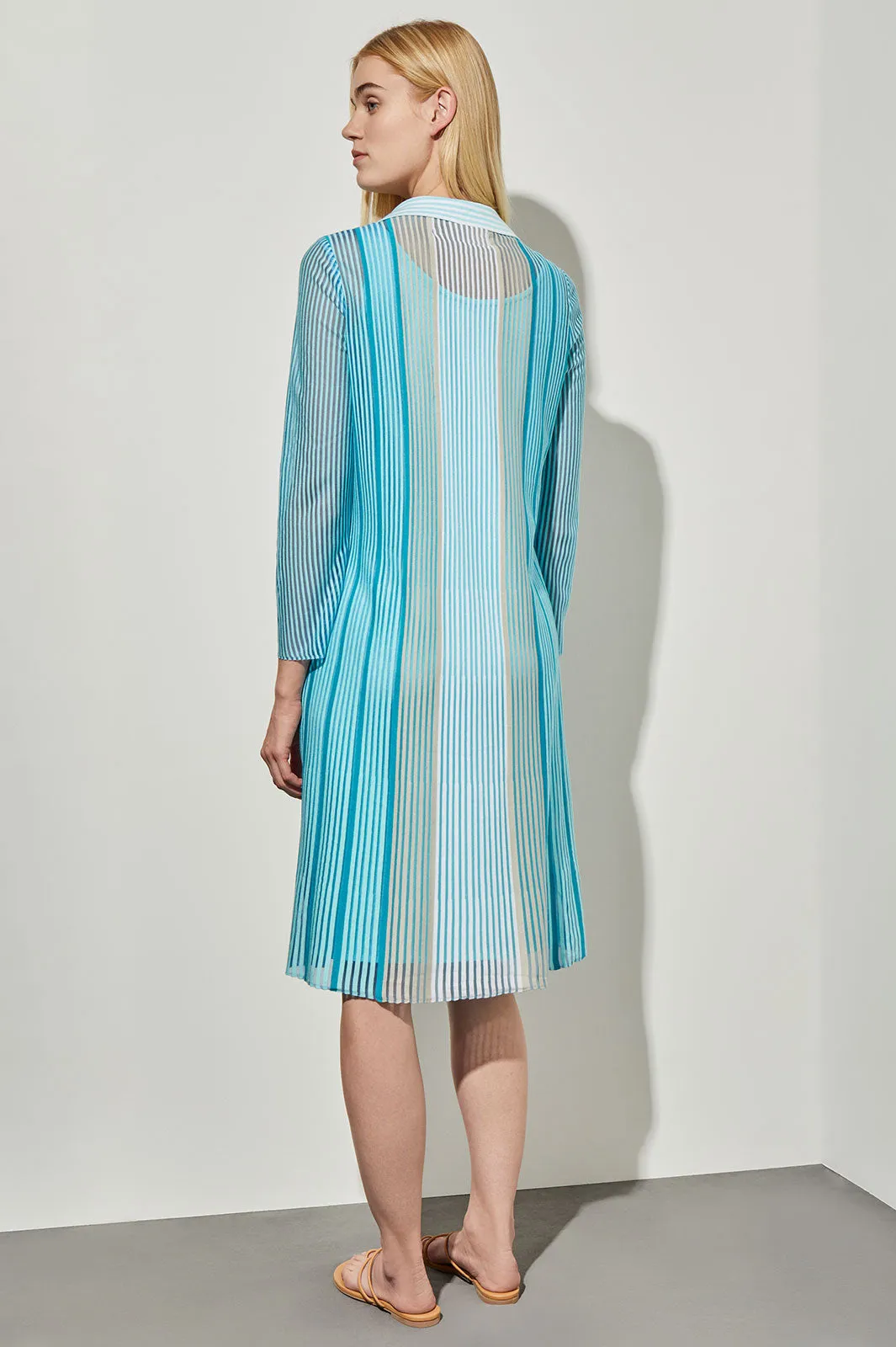 Midi A-Line Shirt Dress - Sheer Striped Soft Knit