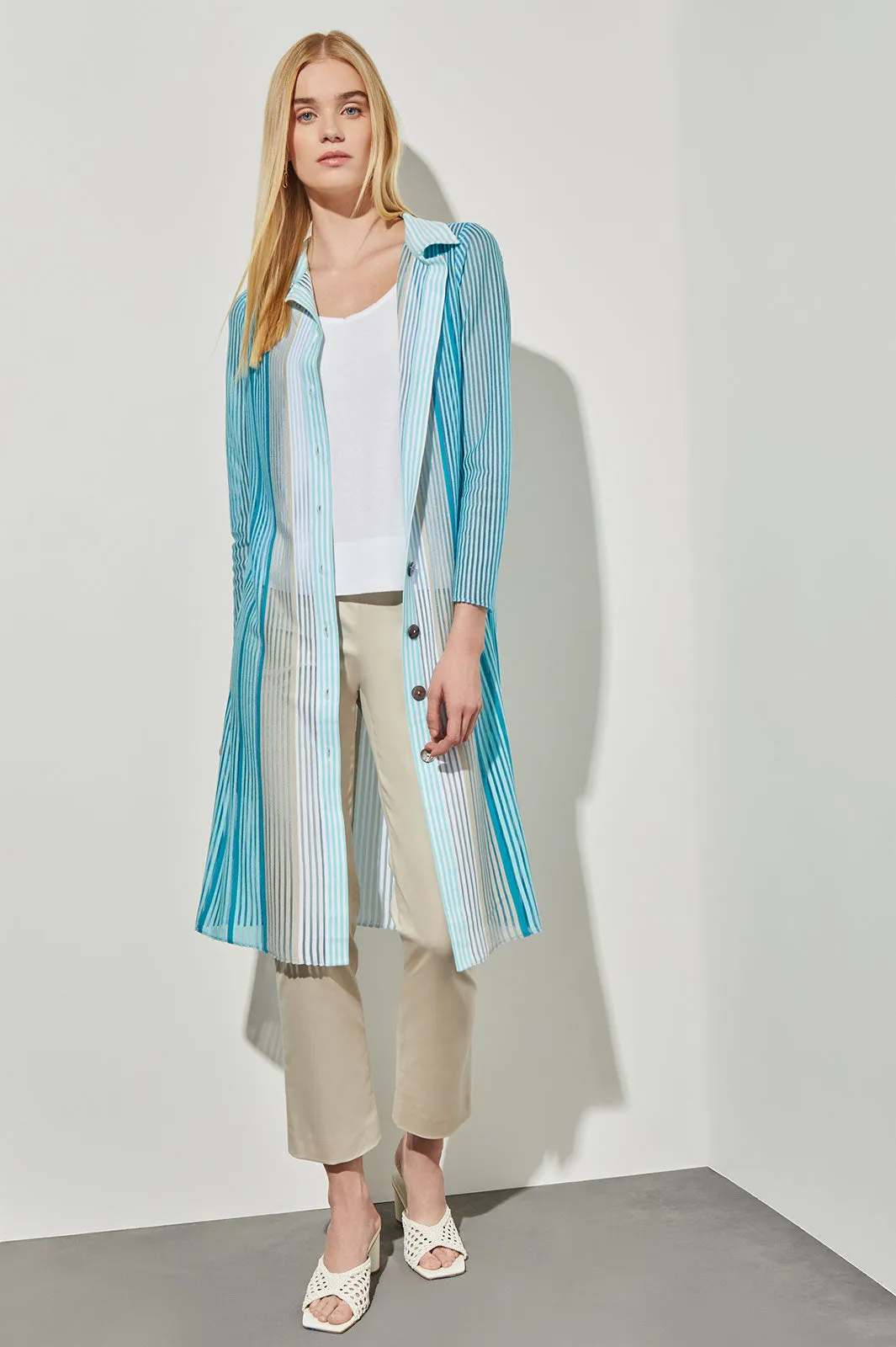 Midi A-Line Shirt Dress - Sheer Striped Soft Knit