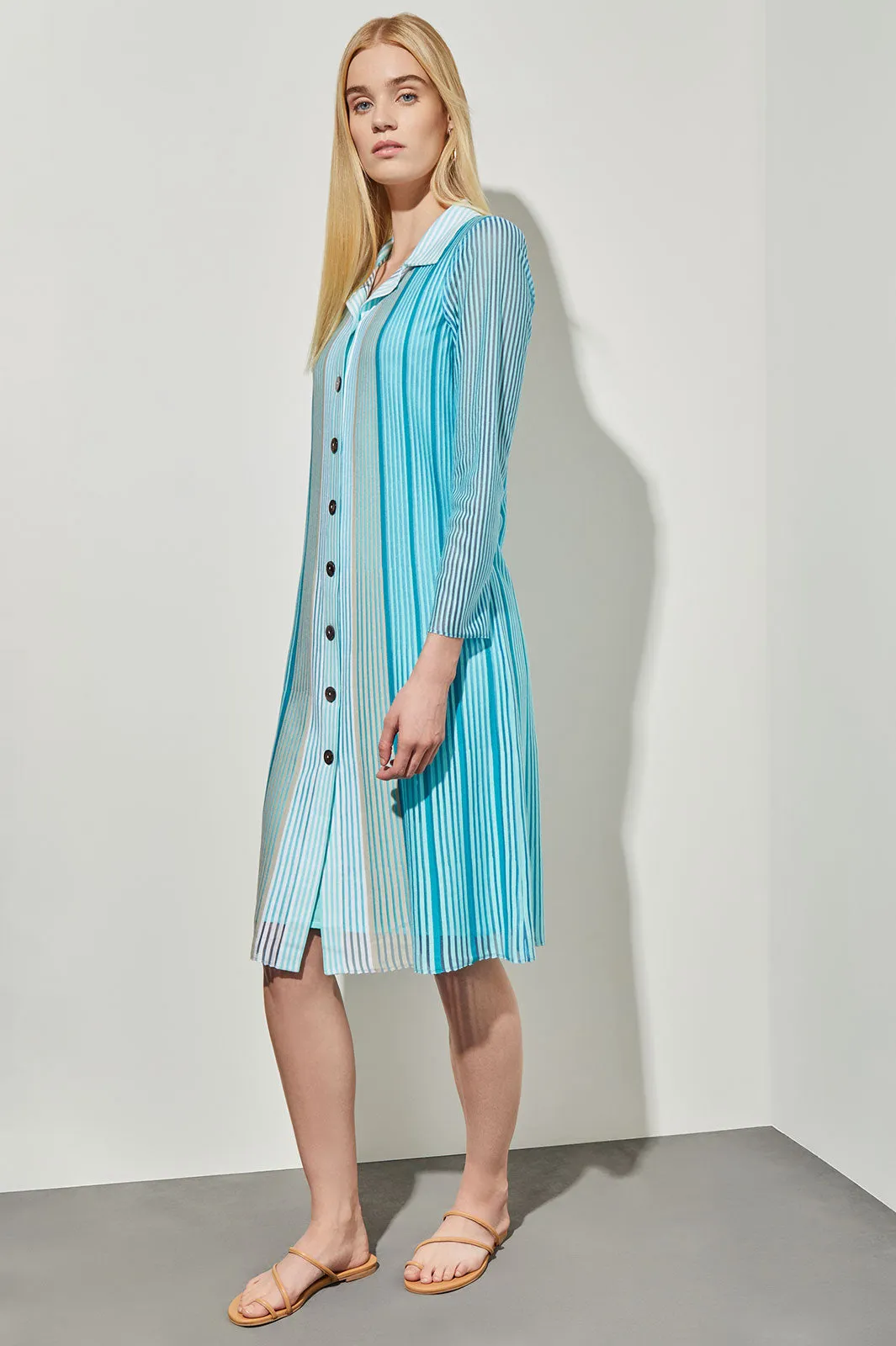 Midi A-Line Shirt Dress - Sheer Striped Soft Knit