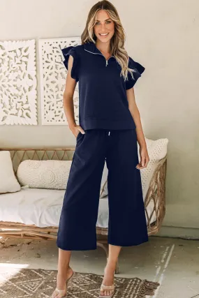 Navy Blue Textured Flutter Sleeve Top Wide Leg Pants Set
