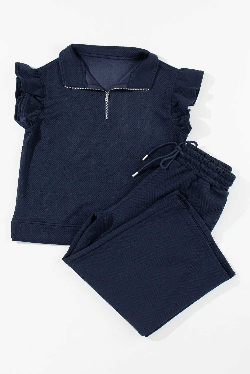 Navy Blue Textured Flutter Sleeve Top Wide Leg Pants Set
